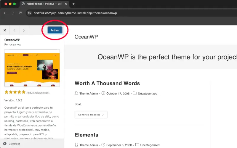 Activar tema en WordPress