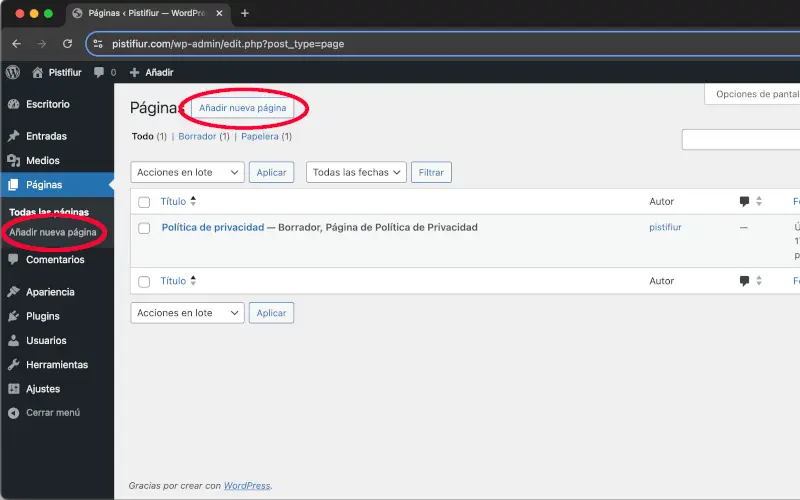 Añadir nueva página en WordPress