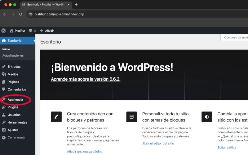 Apariencia en panel de administración en WordPress