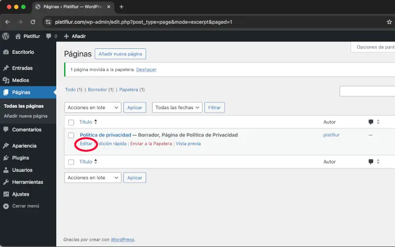 Editar página de política de privacidad de WordPress