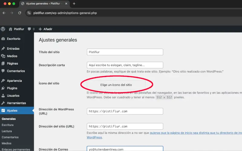 Elige un ícono del sitio en ajustes de WordPress