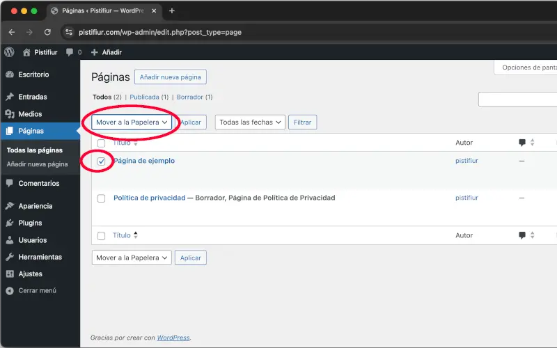 Eliminar página en WordPress