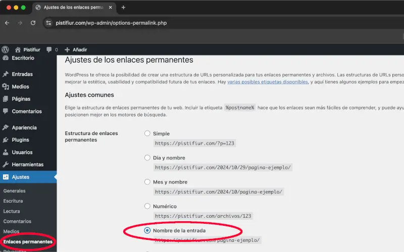 Enlaces permanentes seleccionar nombre de la entrada en ajustes de WordPress