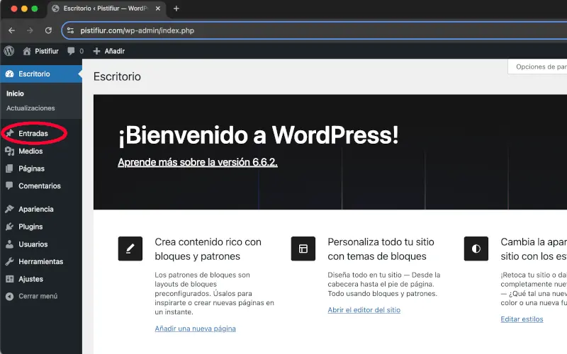 Entradas en panel de administración de WordPress