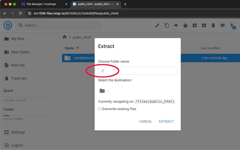 Extraer a destino archivo de WordPress en Hostinger