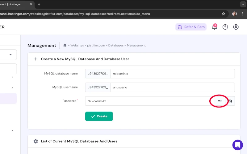 Generador de contraseñas para base de datos en Hostinger