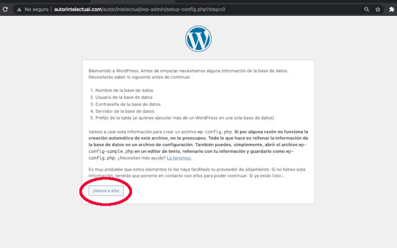 Mensaje de bienvenida de instalación de WordPress