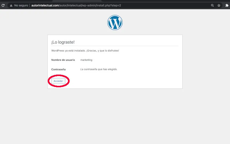 Mensaje de éxito de instalación de WordPress