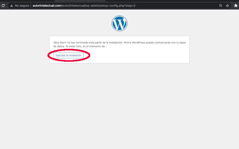Mensaje para ejecutar la instalación de WordPress