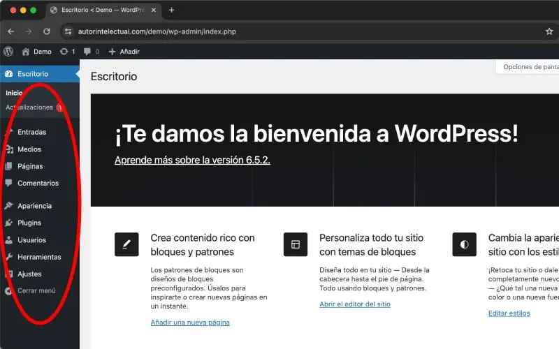 Menú principal del panel de administración de WordPress