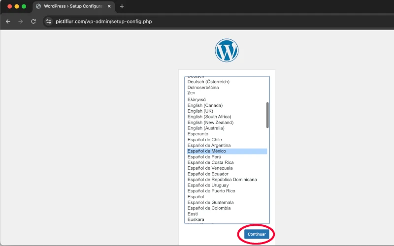 Menú selección idioma para instalación de WordPress