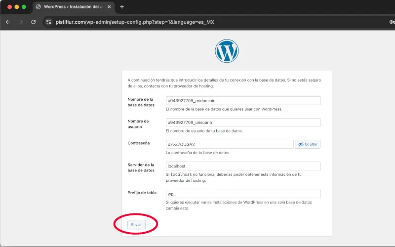 Pantalla de base de datos para instalación en WordPress