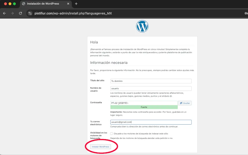 Pantalla de instalación final de WordPress