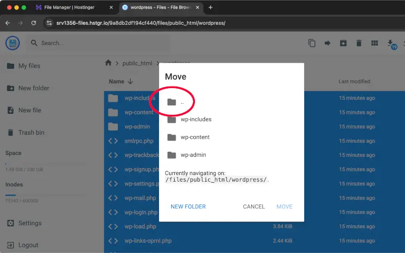 Seleccionar directorio public_html para mover WordPress en Hostinger