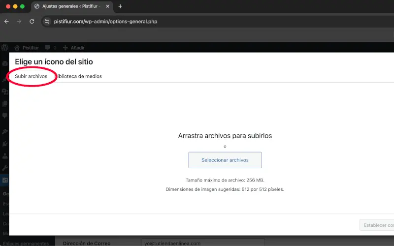 Subir archivos del favicon en ajustes de WordPress