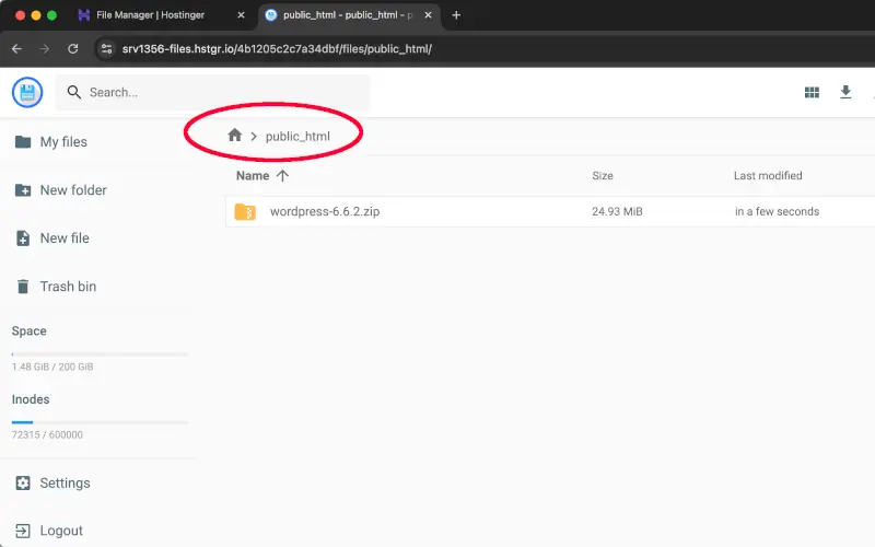 wordpress.zip en directorio public_html en Hostinger