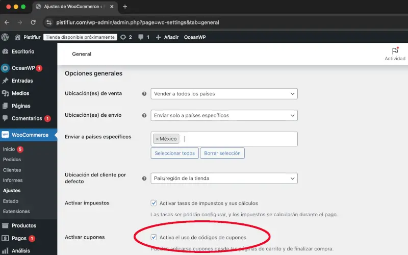 Activar cupones de General de Ajustes en WooCommerce