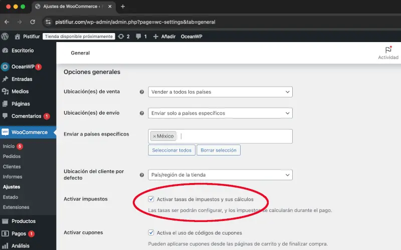 Activar impuestos de General de Ajustes en WooCommerce