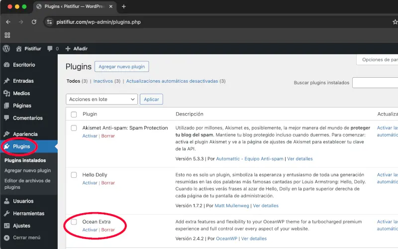 Activar plugins del panel de administración de WordPress
