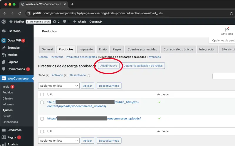 Añadir directorios de descarga aprobados de productos de ajustes en WooCommerce