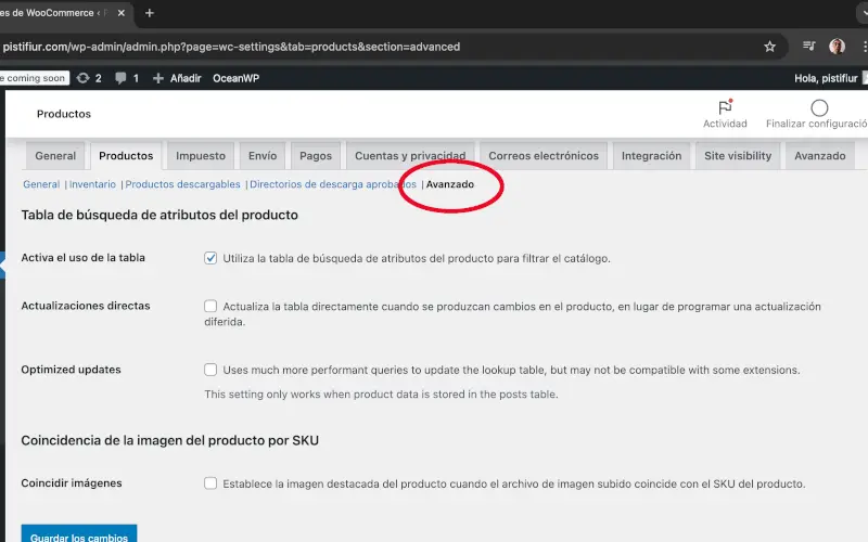 Menú avanzado de productos de ajustes en WooCommerce