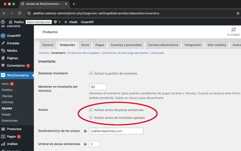 Avisos de inventario de productos de ajustes en WooCommerce