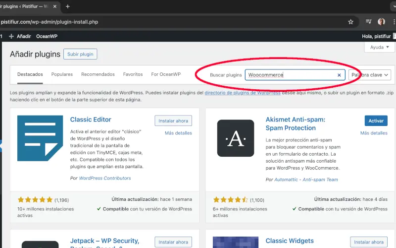 Buscar plugin para WooCommerce en WordPress