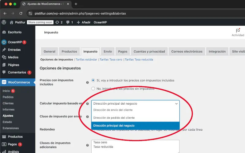 Calcular el impuesto basado en la ubicación del negocio de ajustes en WooCommerce