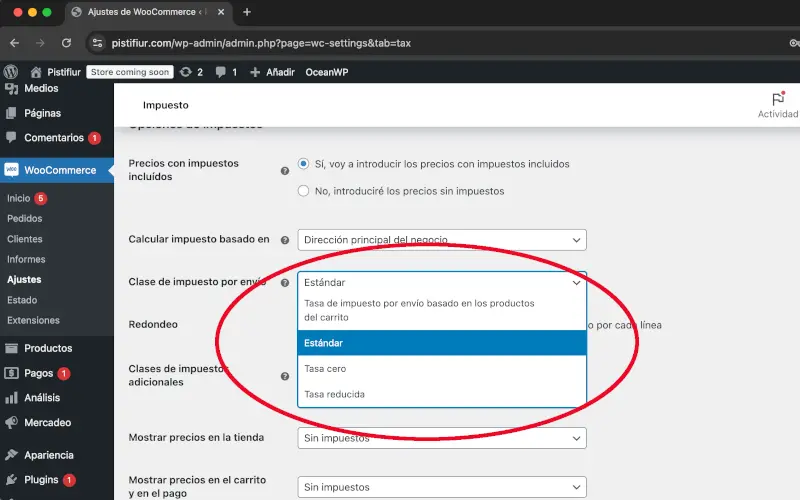 Clases de impuestos por envío de ajustes en WooCommerce