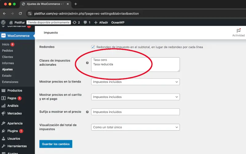 Clases de impuestos adicionales de ajustes en WooCommerce