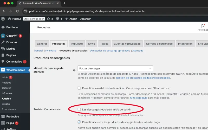 Descargas requieren inicio de sesión en WooCommerce