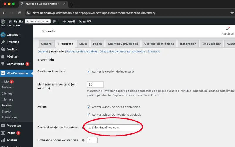 Destinatarios de los avisos de productos de ajustes en WooCommerce