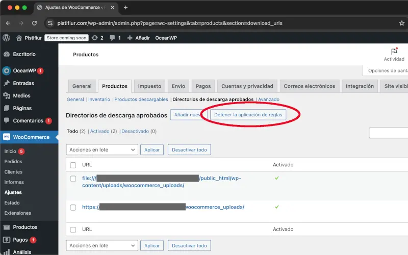 Detener aplicación de reglas de directorios de descarga aprobados de productos de ajustes en WooCommerce