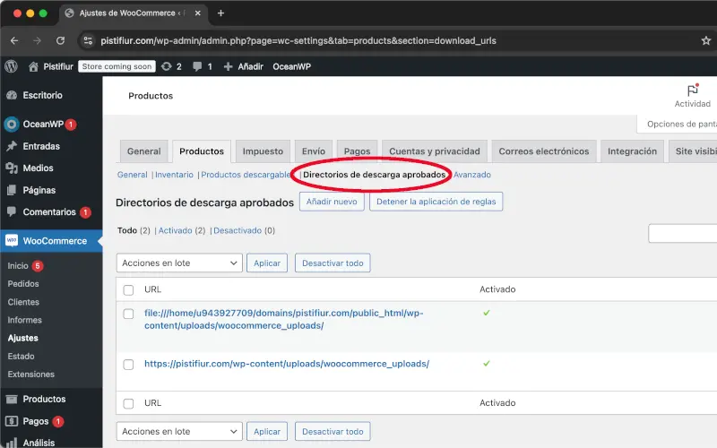 Directorios de descarga aprobados de productos de ajustes en WooCommerce