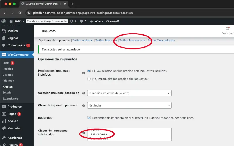 Ejemplo clases de impuestos adicionales de ajustes en WooCommerce