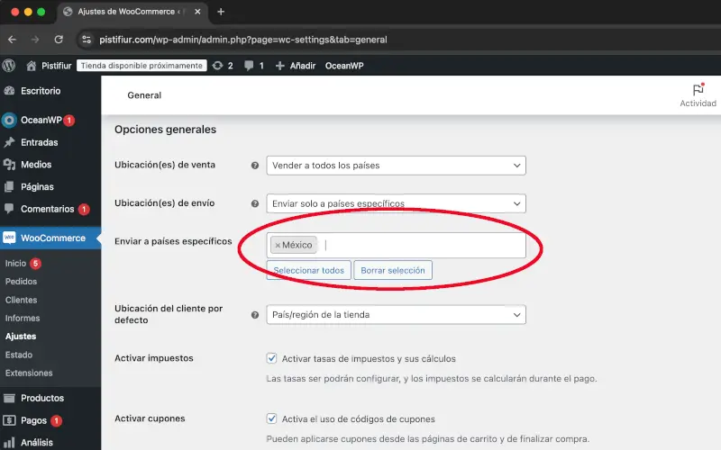 Enviar a países específicos de General de Ajustes en WooCommerce