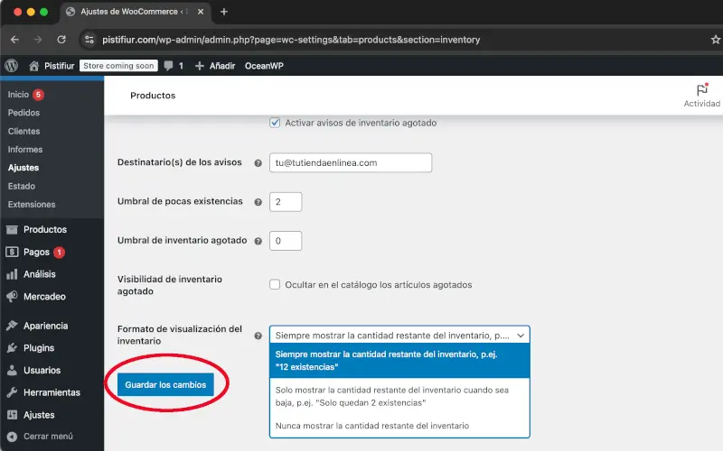 Guardar los cambios de productos de ajustes en WooCommerce