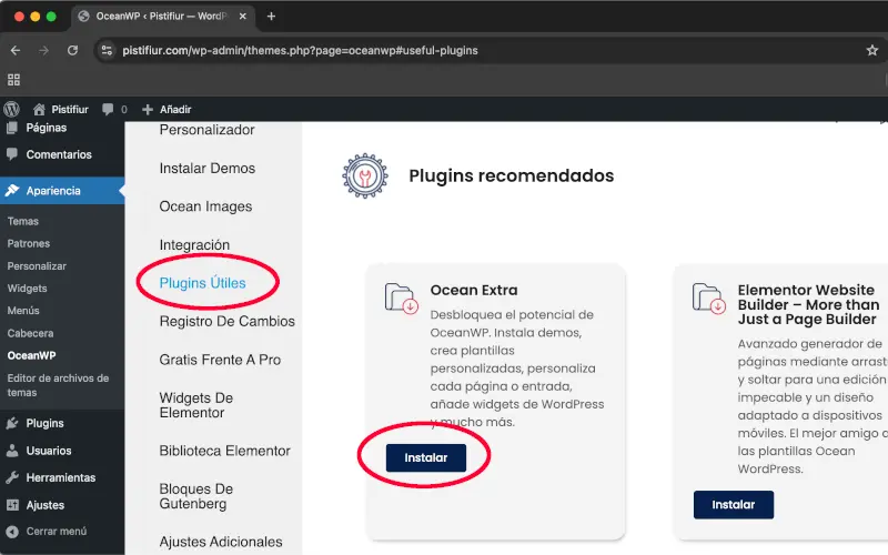 Instalar Ocean Extra de Oceanwp tema de WordPress