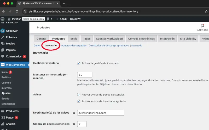 Menú inventario de productos de ajustes en WooCommerce