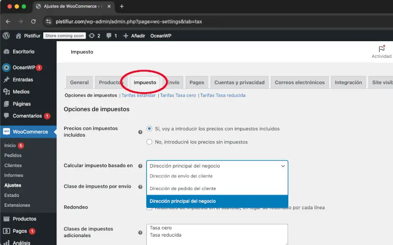 Menú horizontal de impuestos de ajustes en WooCommerce