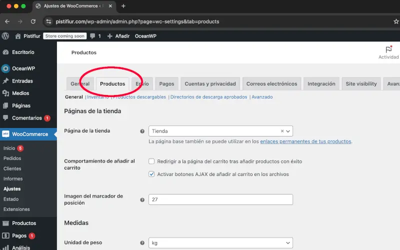 Menú horizontal de productos de ajustes en WooCommerce