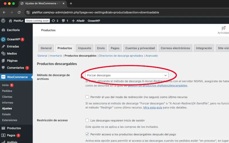 Método de descarga de archivos de productos de ajustes WooCommerce