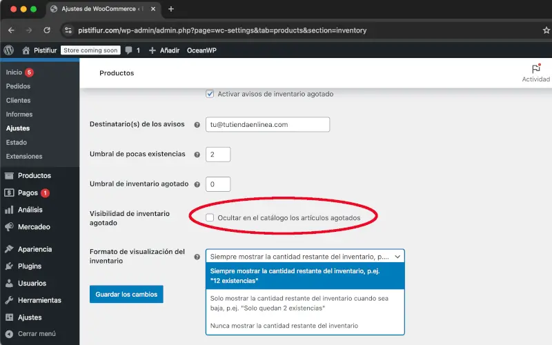 Ocultar articulos agotados de productos de ajustes en WooCommerce