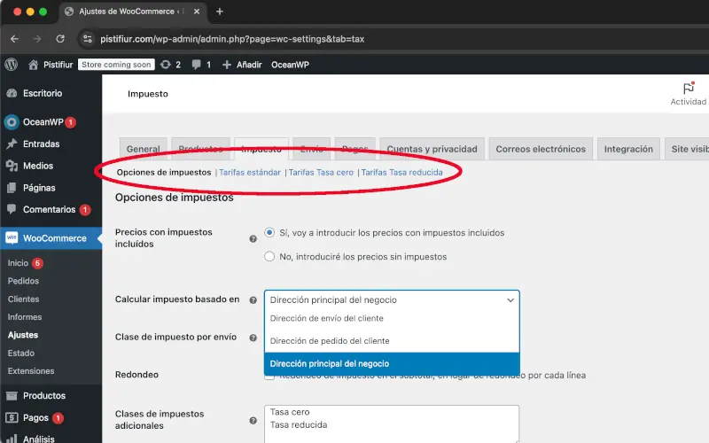 Opciones de impuestos de ajustes en WooCommerce