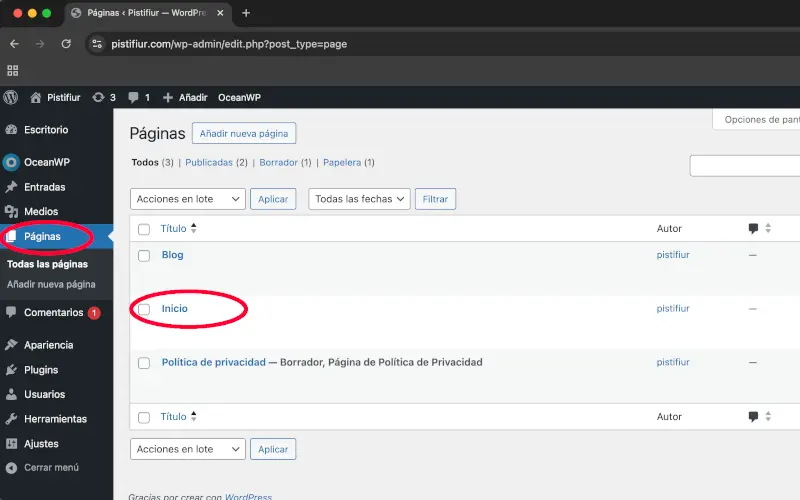 Portada página de inicio en WordPress