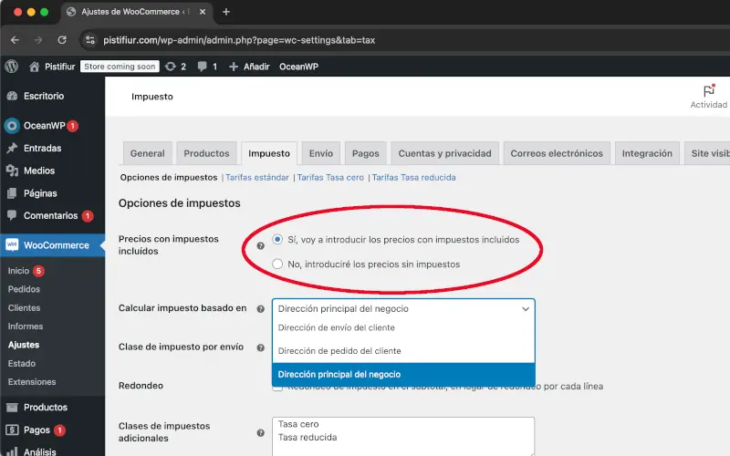 Precios con impuestos incluidos de ajustes en WooCommerce