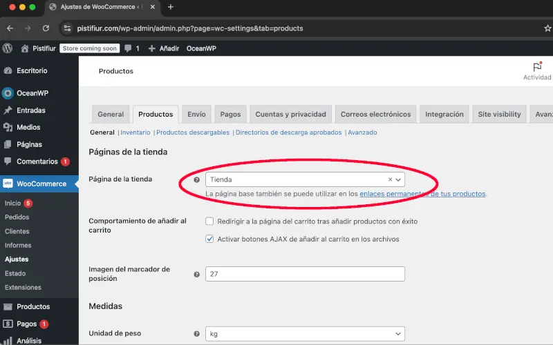 Seleccionar página de tienda en línea en WooCommerce