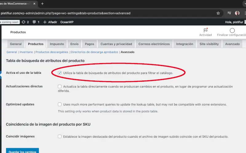 Tabla de búsqueda de atributos de productos de ajustes en WooCommerce