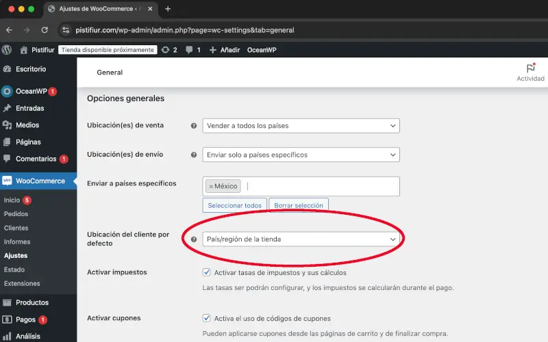 Ubicación del cliente por defecto de General de Ajustes en WooCommerce