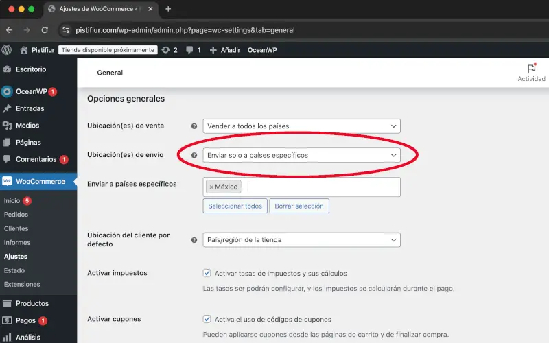 Ubicación de envío de General de Ajustes en WooCommerce